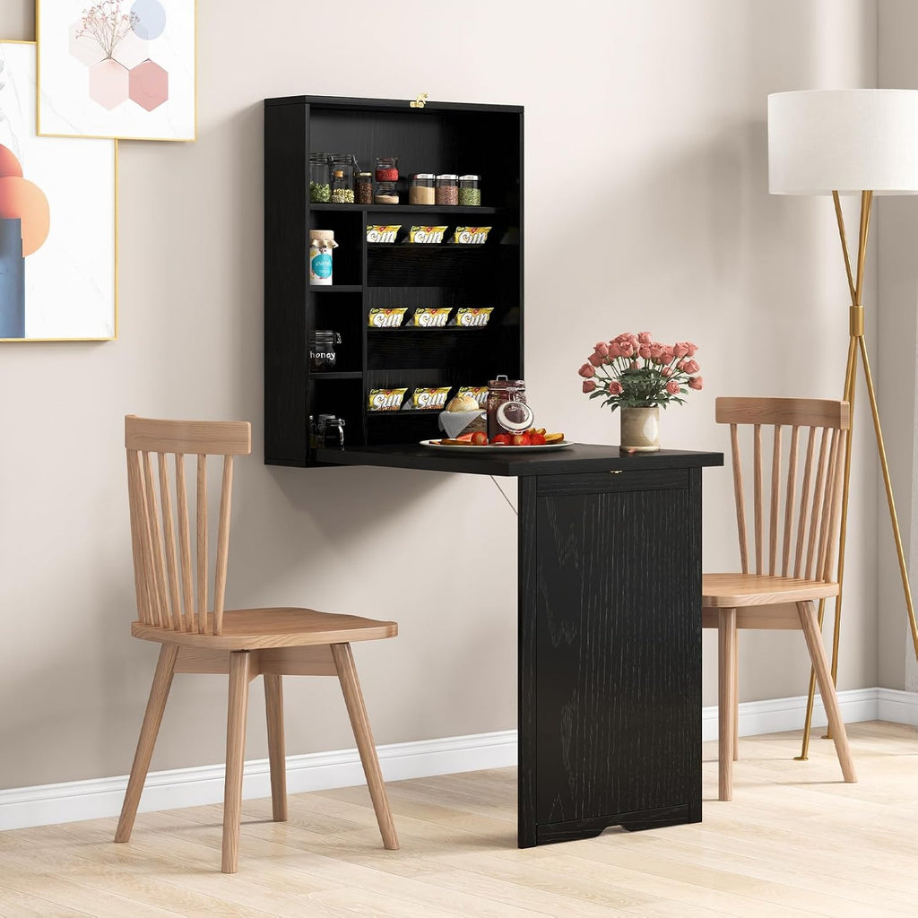 Tangkula Folding Wall Mounted Desk, Convertible Fold Out Floating Table with Storage Shelves, Space-Saving Drop Leaf Table, Murphy Desk for Craft, Study, Small Spaces, Home Office, Dorm, Black