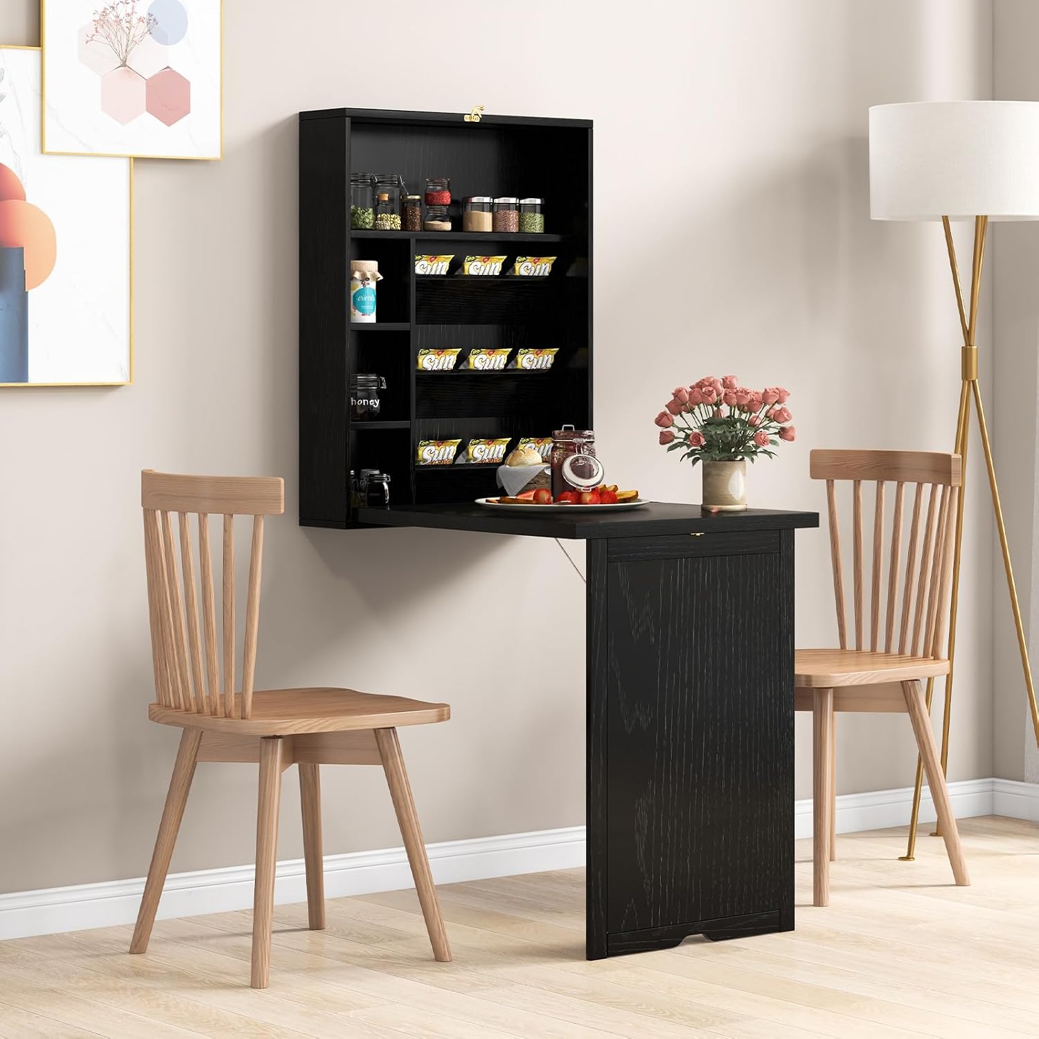Tangkula Folding Wall Mounted Desk, Convertible Fold Out Floating Table with Storage Shelves, Space-Saving Drop Leaf Table, Murphy Desk for Craft, Study, Small Spaces, Home Office, Dorm, Black
