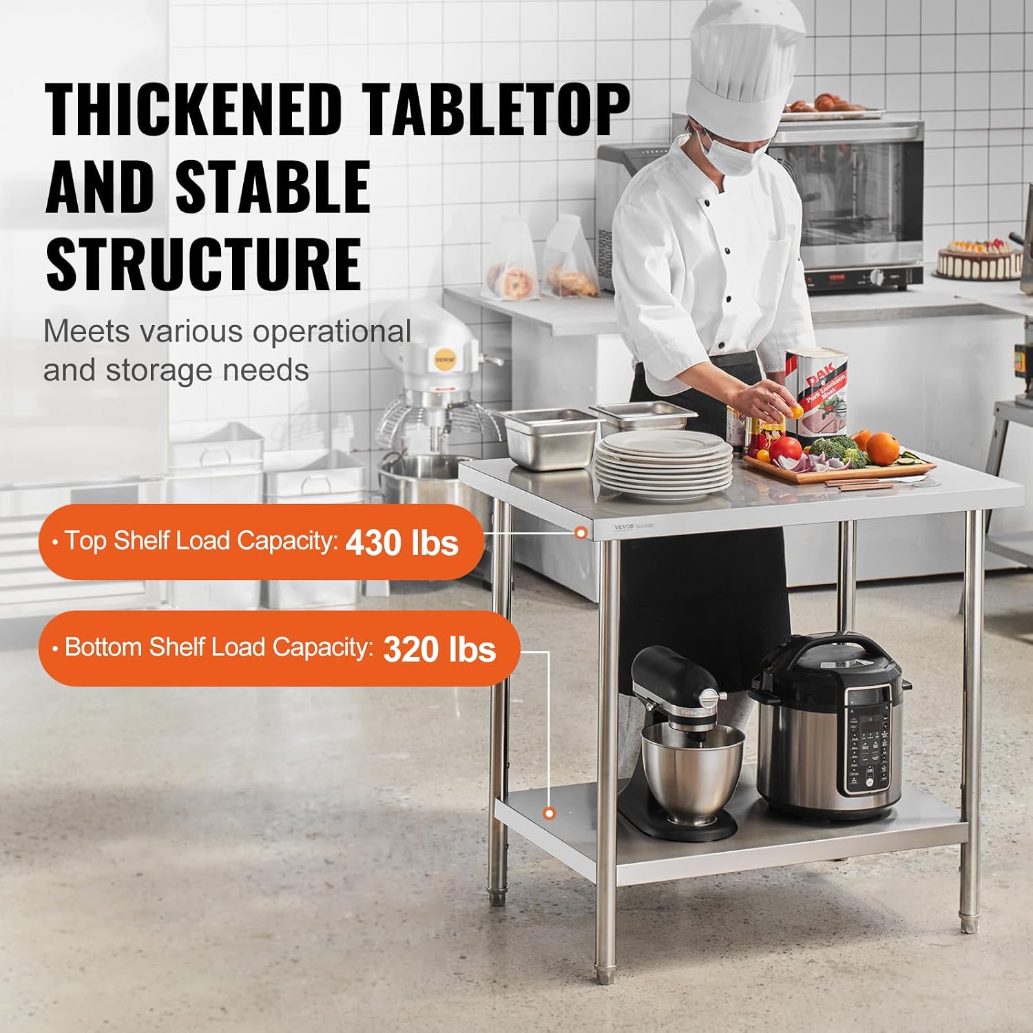 VEVOR Stainless Steel Prep Table, 24 x 36 x 34 Inch, 750 lbs Load Capacity, Heavy Duty Metal Worktable with 3 Adjustable Height Levels, Commercial Workstation for Kitchen Garage Restaurant Backyard
