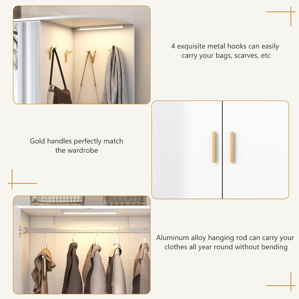 XVD Armoire Wardrobe Closet with Mirror & Sensor Light, Bedroom Armoire with 5 Doors & 2 Drawers, Modern Wooden Large Wardrobe Closet with Shelves, 4 Metal Hooks, 2 Hanging Roods, Open Space, White