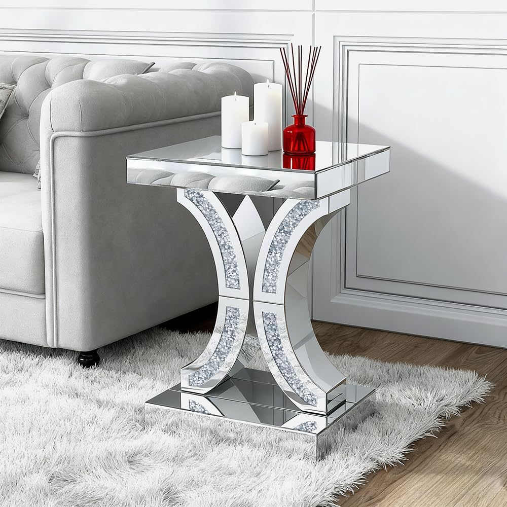 Crushed Diamond C-Shaped Mirrored End Table, Silver Side Accent Table, Small Mirrored Coffee Table for Living Room, Bedroom, 16'x12'x23'