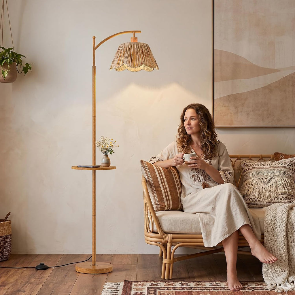 Oneach 63.5' Floor Lamp with Table for Living Room, Boho Rattan Standing Lamps with Foot Switch, Farmhouse Floor Lamp for Bedroom, Arc Tall Lamp with Metal Base&Pole, Bulb not Included, Woodgrain