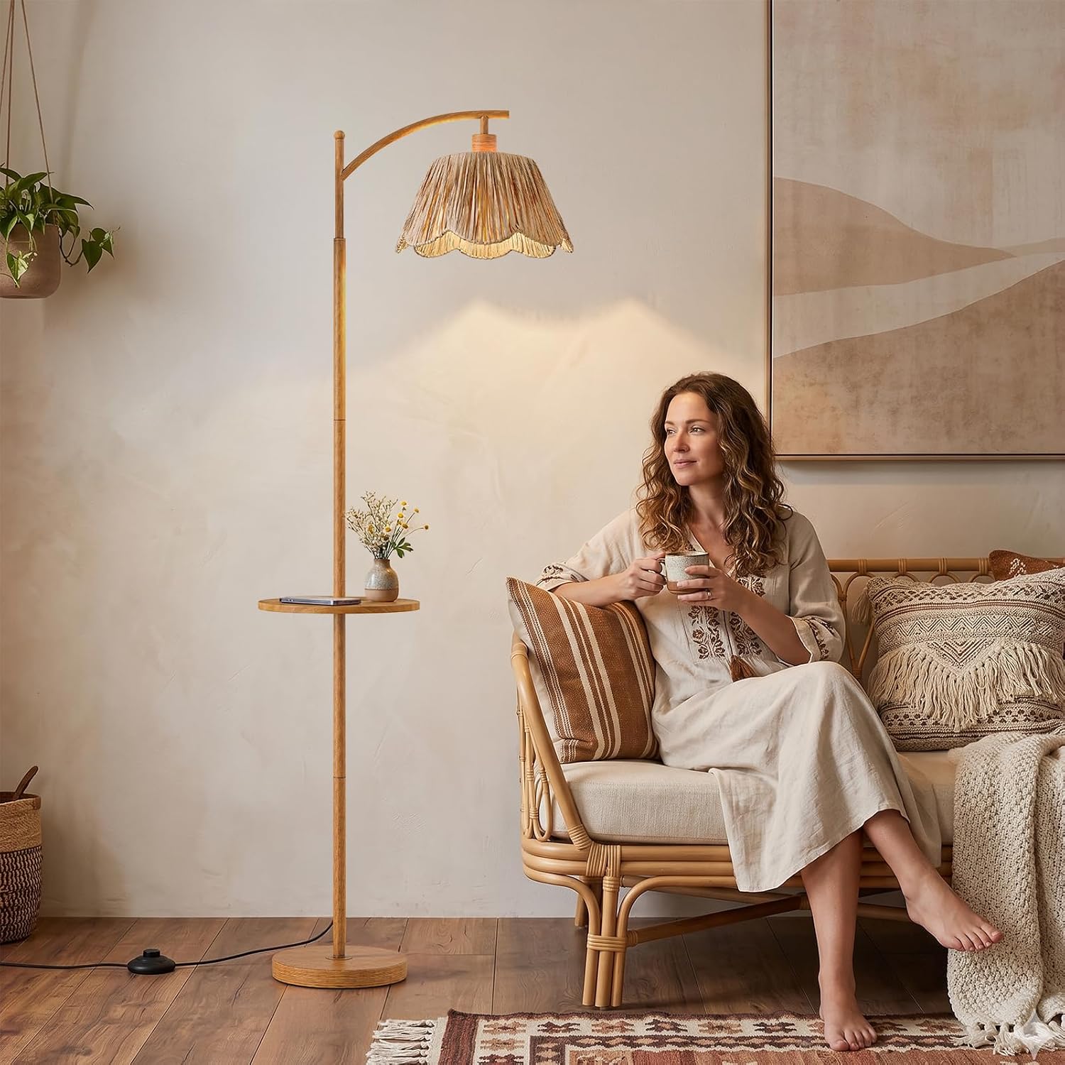 Oneach 63.5' Floor Lamp with Table for Living Room, Boho Rattan Standing Lamps with Foot Switch, Farmhouse Floor Lamp for Bedroom, Arc Tall Lamp with Metal Base&Pole, Bulb not Included, Woodgrain