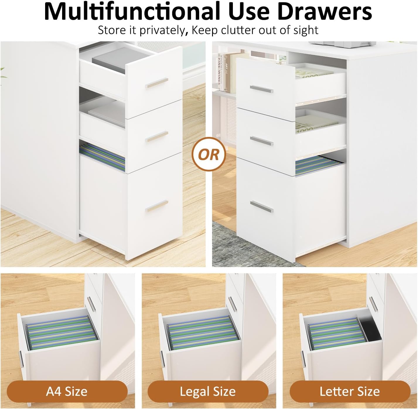 HSH White L Shaped Desk with Drawers Shelves, Large Home Office Corner Computer Desk with Storage File Cabinet, Modern Metal Wood Desk for Executive Writing Study Workstation, 59 Inch Bedroom Table