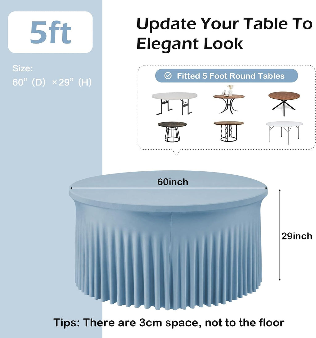 NSSONBEN 6 pk Dusty Blue Spandex Round Table Cloths for 60inch Table, Wrinkle Free 120inch Stretchy Fitted 5ft Round Table Covers with Skirt for Wedding Birthday Graduation Parties Banquet Events