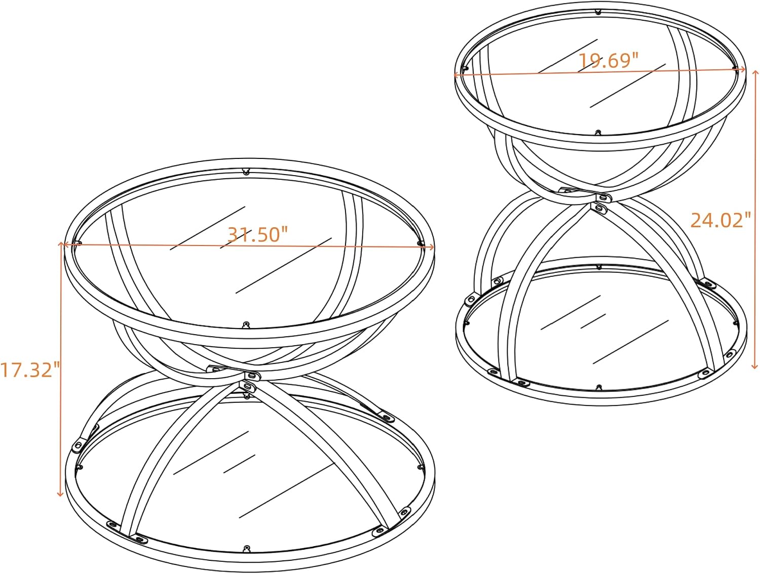 JIJIWANG 31.5' Glass Coffee Table and End Table Sets, 2 Tiers Center Table with Circular Metal Frame, Round Coffee Tables for Living Room, Bedroom, Office Silver
