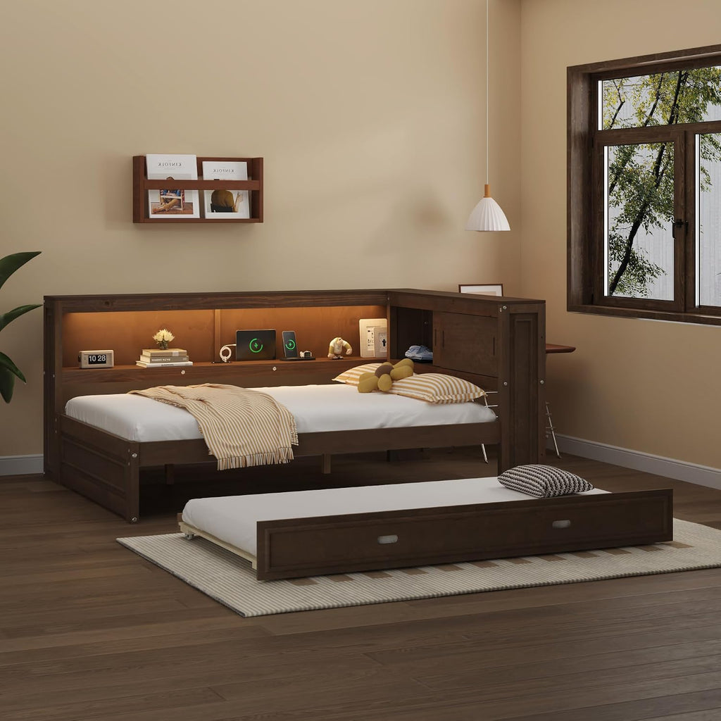 MERITLINE Full Size Wood Corner Bed Frame with Storage Shelves and Trundle, Wooden L-Shaped Daybed Full with Storage Headboard, LED Lights & USB for Kids Teens Adults, Antique Wood Color
