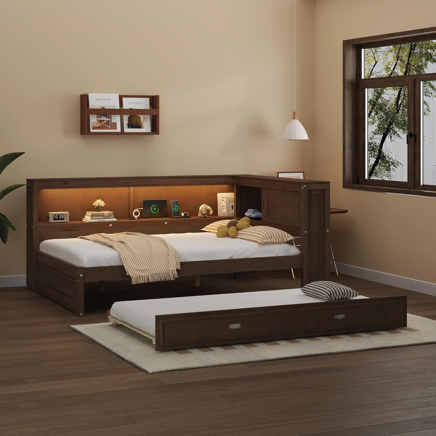 MERITLINE Full Size Wood Corner Bed Frame with Storage Shelves and Trundle, Wooden L-Shaped Daybed Full with Storage Headboard, LED Lights & USB for Kids Teens Adults, Antique Wood Color