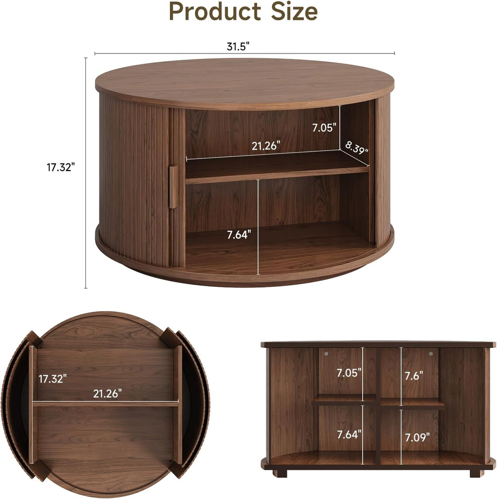 ONBRILL Round Coffee Table with Storage, 31.5' Mid Century Modern Center Table with Sliding Door & Dual Hidden Storage, Fluted Accent Coffee Table for Living Room, Small Space, Walnut