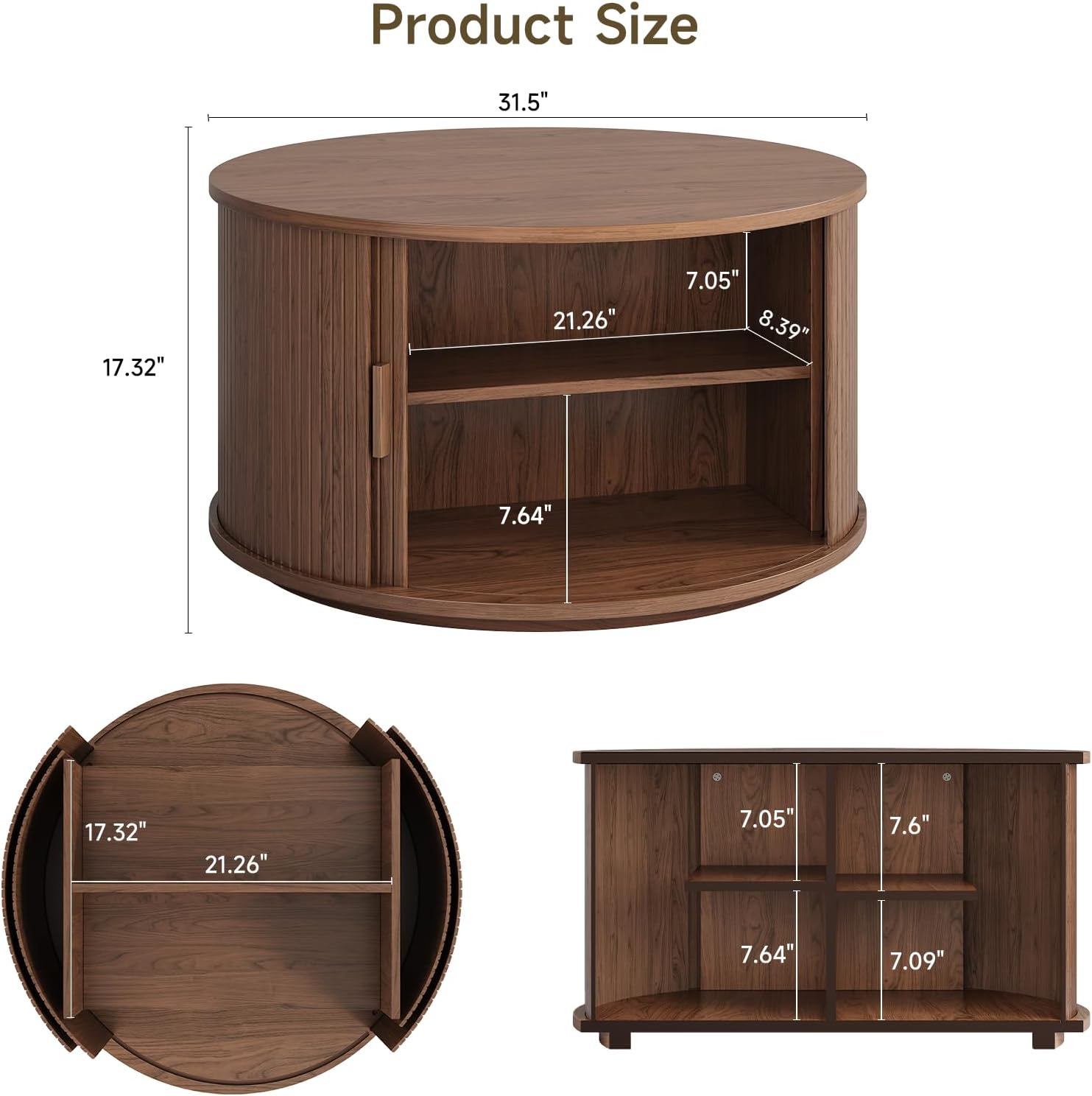 ONBRILL Round Coffee Table with Storage, 31.5' Mid Century Modern Center Table with Sliding Door & Dual Hidden Storage, Fluted Accent Coffee Table for Living Room, Small Space, Walnut