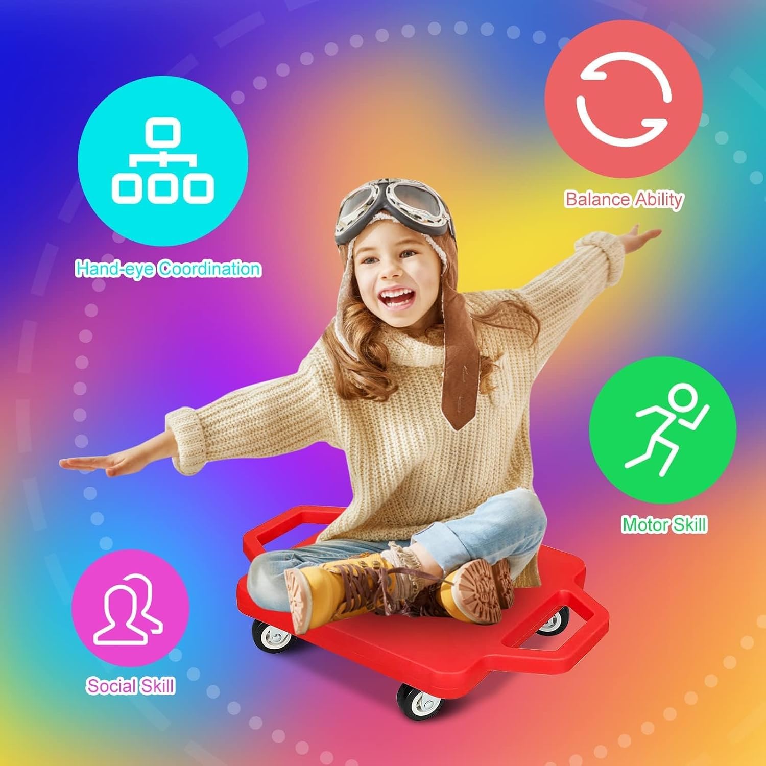 12 Pcs Sports Scooter Board with Handles for Kids Non-Marring Plastic Casters Floor Scooter Board Sitting Scooter Board Boy Girl Gym Indoor Outdoor Activities Play Equipment
