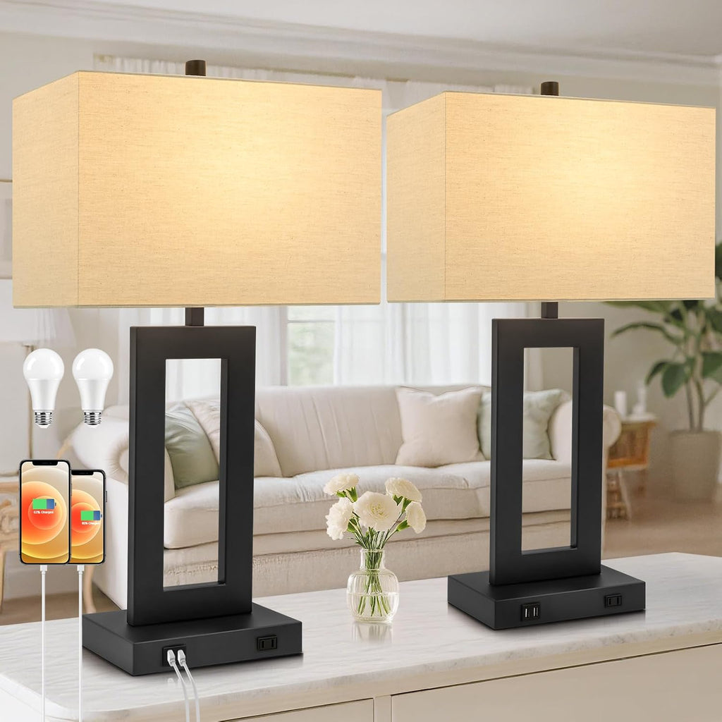 TOBUSA 28'' Tall Lamps for Living Rooms Set of 2, Modern Black Touch Control Table Lamps for Bedroom, 3 Way Dimmable Bedside Lamps with 2 USB Ports&AC Outlet, High-end Decor Lamp for Home Office