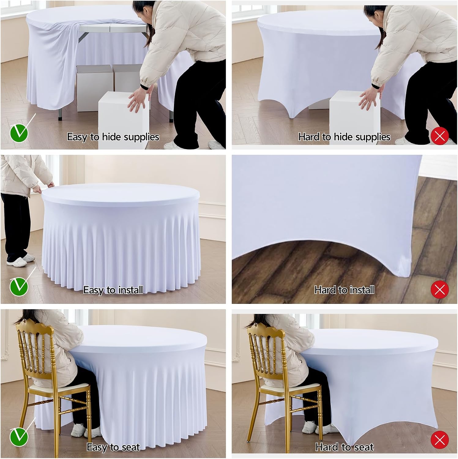 leegleri 12 Pack White Spandex Round Tablecloths - 60 inch, Stretchy 120 inch Fitted 5FT Round Table Cloths with Wrinkle Free Skirt for Wedding Party Dining Banquet
