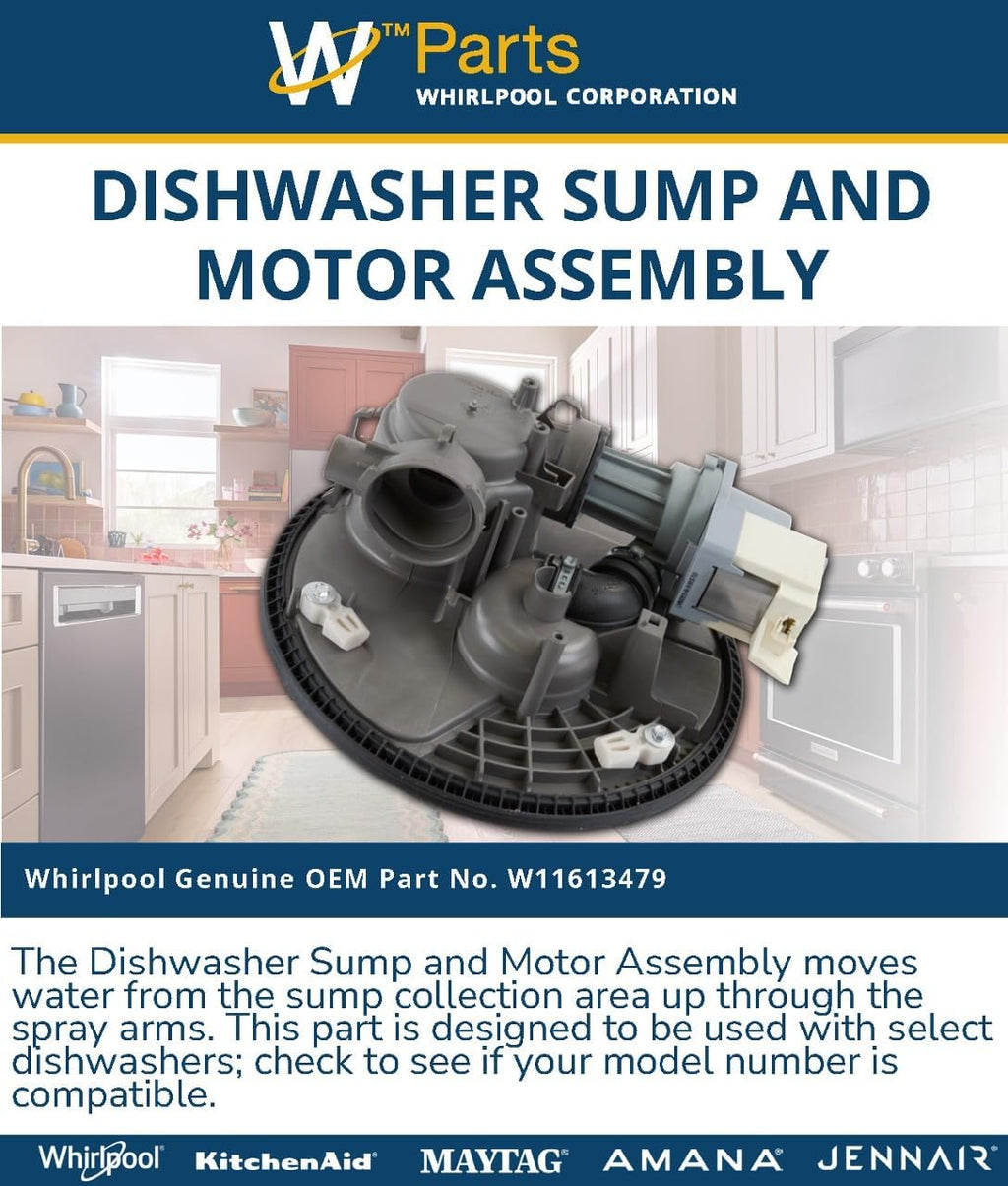 Whirlpool W11613479 Genuine OEM Dishwasher Sump and Motor Assembly Replacement Part - Replaces W11525546