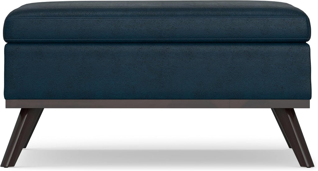 SIMPLIHOME Owen Square Coffee Table Storage Ottoman - 36 inch Wide Upholstered Vegan Leather Lift-Top Ottoman in Distressed Dark Blue, Mid-Century Modern Ottoman for Living Room with Tufted Detail