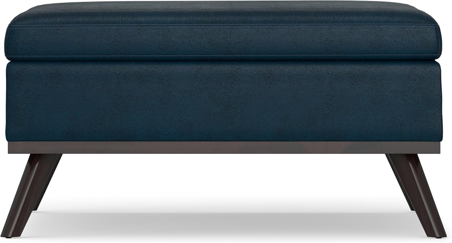 SIMPLIHOME Owen Square Coffee Table Storage Ottoman - 36 inch Wide Upholstered Vegan Leather Lift-Top Ottoman in Distressed Dark Blue, Mid-Century Modern Ottoman for Living Room with Tufted Detail