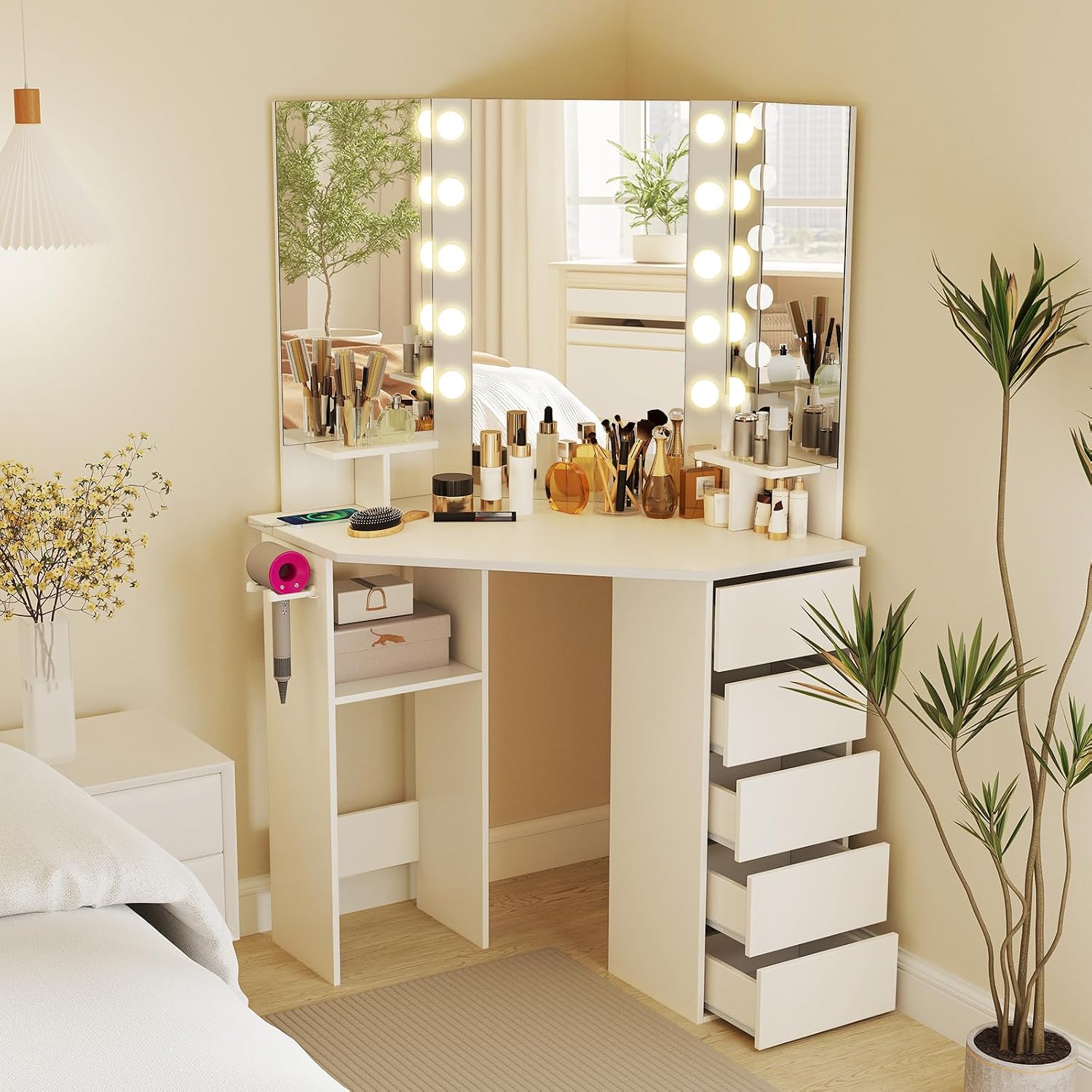 LOKO Corner Makeup Vanity Desk, Makeup Dresser Table with 3 Color Lighting, Power Outlets, 5 Drawers, Shelves, Makeup Vanity Set for Bedroom, Cloakroom (White)
