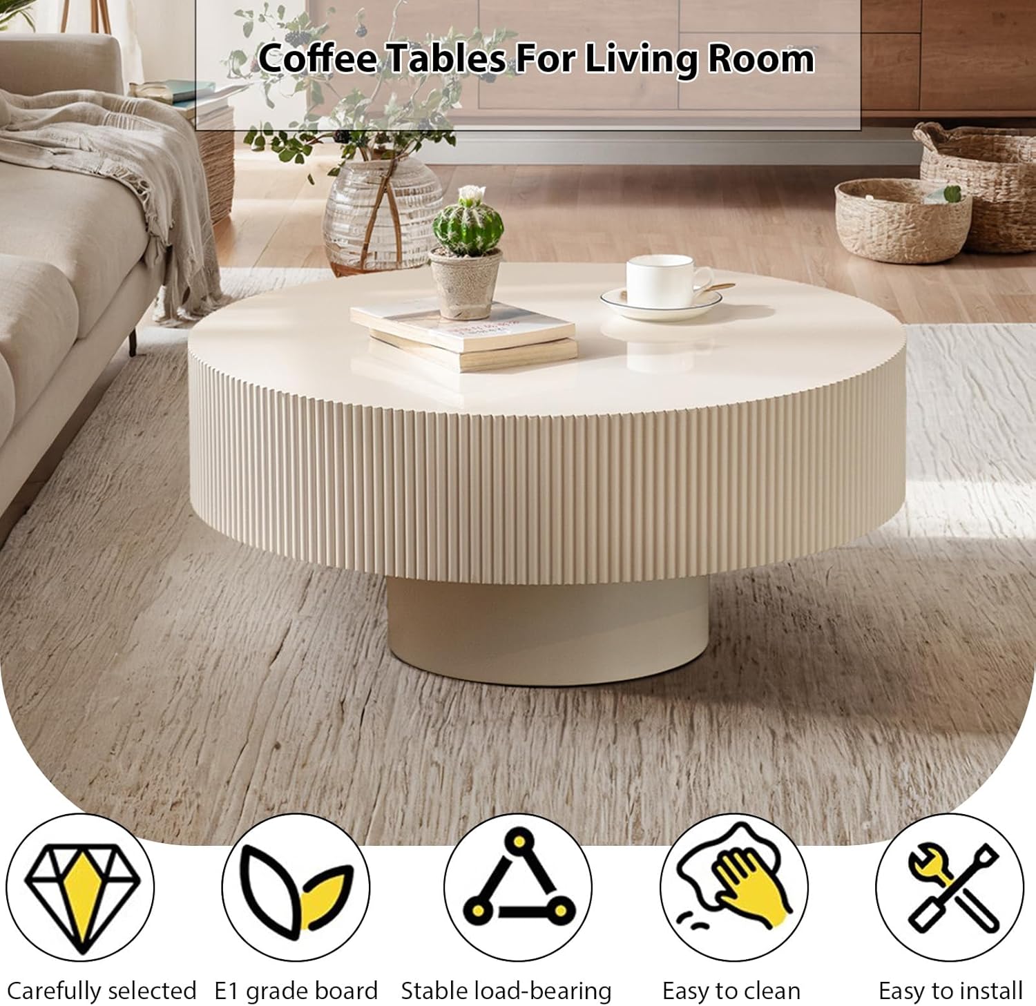Round Fluted Coffee Table Mid Century Modern Coffee Tables with Handcrafted Relief Circle Drum End Table Rustic Industrial Center Tables for Apartment Living Room (White Round Thick)
