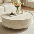 Faux Marble Round Coffee Table, 31.5' Luxury Circle Coffee Table, Drum Stone Center Table, Beige End Table, Minimalist Sofa Accent Table for Living Room Apartment Office