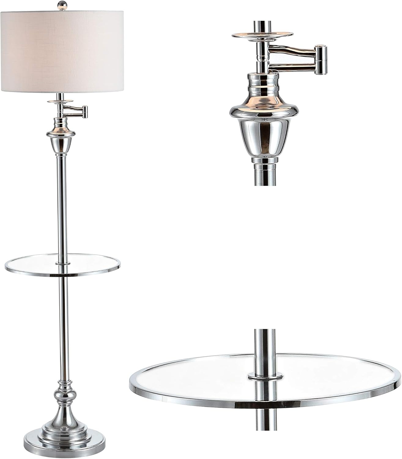 JONATHAN Y 60' Chrome Floor Lamp with Integrated Glass Side Table, Modern Swing Arm Standing Lamp for Living Room, White Linen Shade, LED Bulb Included (JYL3055B)