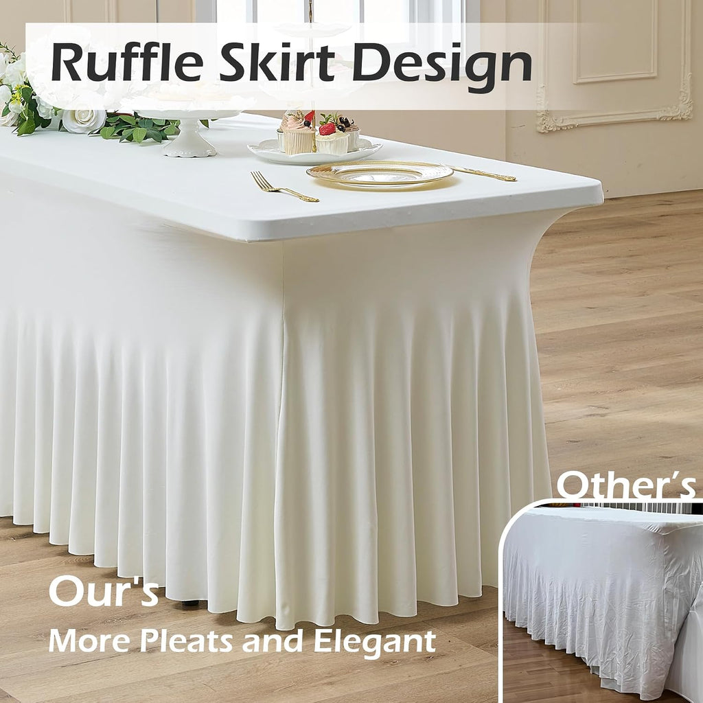6 pk Ivory Spandex Tablecloth for 8 Foot Rectangle Tables,Wrinkle Free High Stretchy Cream Fitted Tablecloths with Ruffle Skirt, Elastic Spandex Table Covers 8 ft for Parties Weddings Banquet