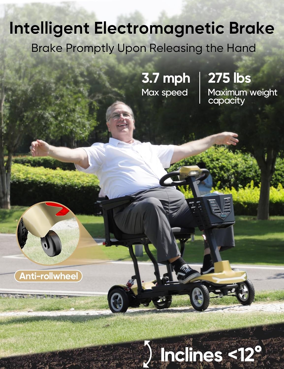 Ultra Light Folding Mobility Scooters for Adults Seniors - 37.5 lbs - 4 Wheel Electric Scooters Airline Cruise Approved for Travel, All Terrain Motorized Scooter, 275 lbs Capacity, Gold