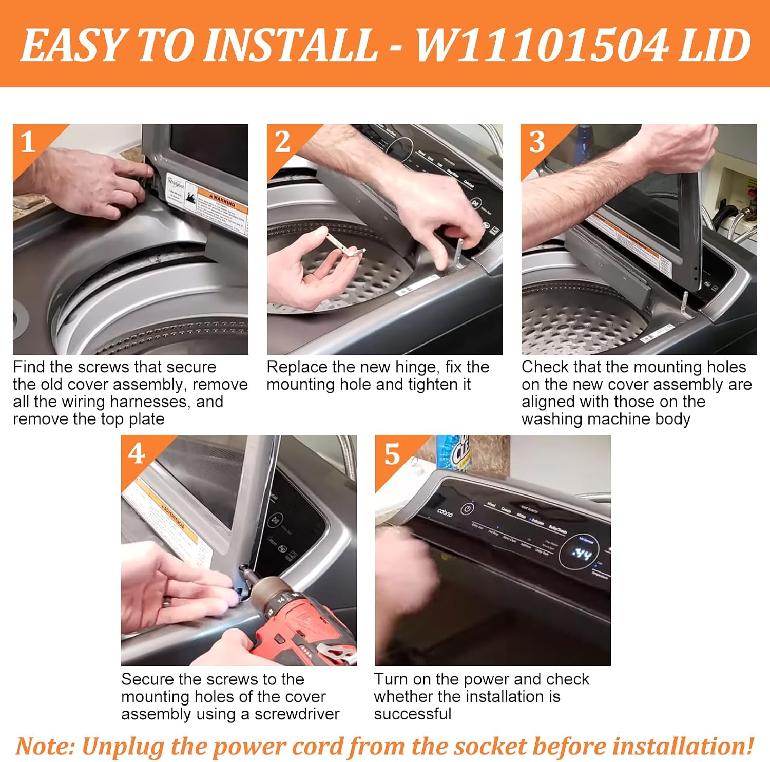 UPGRADED W11101504 W11256781 Washer Lid Assembly Compatible With Maytag Washer Lid Replacement Parts For Whirlpool MVWB765FC3 Lid With WP8572974 Right Lid Hinge & WP8563965 Left Lid Hinge & 4 Screws