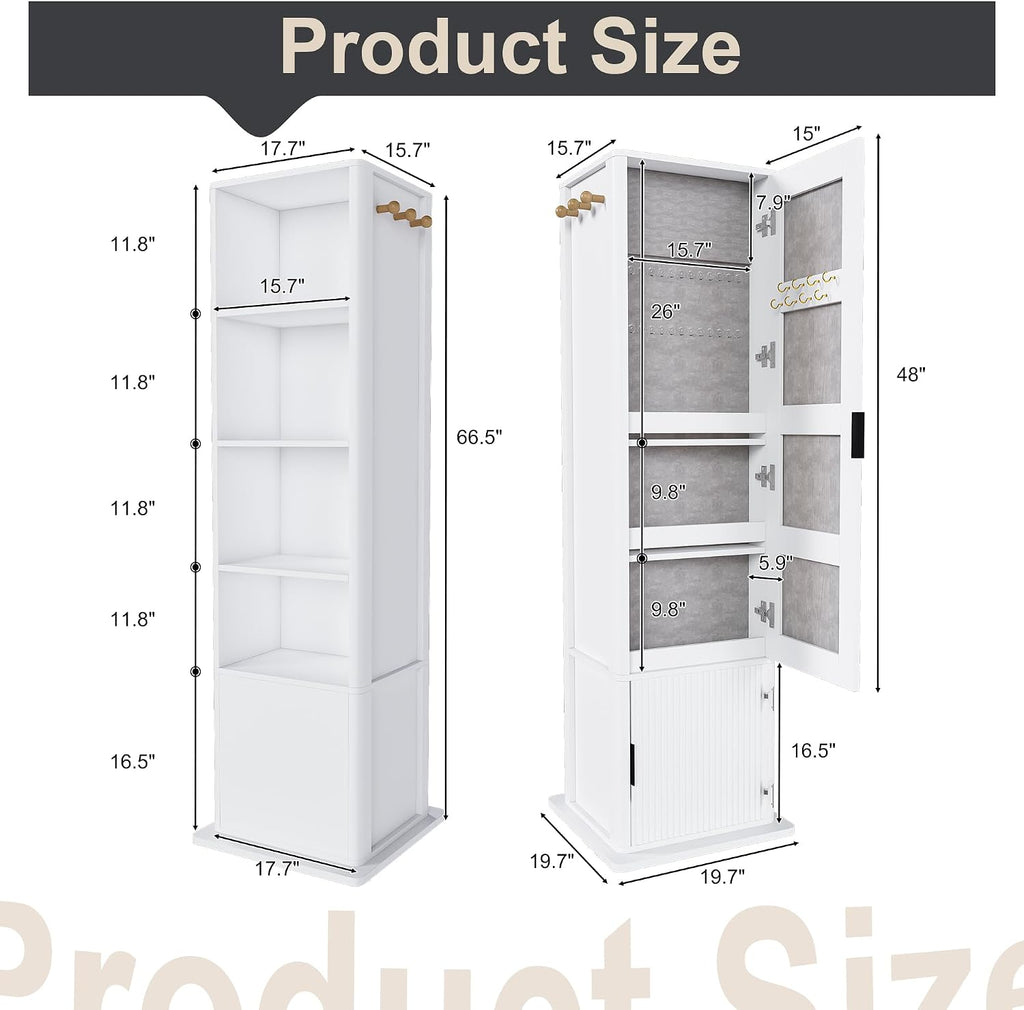 360° Rotating Makeup Storage Cabinet with Full-Length Mirror, Jewelry Armoire Organizer, Freestanding Bookshelf Tower, Coat Hook Stand, Hidden Shelves, Space-Saving Bedroom Furniture (White)