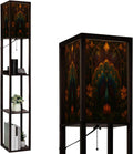Floor Lamp with Shelves Asymmetrical Peacock Stained Glass Art Geometric Feather Design Standing Tall Lamp USB Ports & Power Outlet Modern Corner Lamp Nightstand Light for Living Room Bedroom
