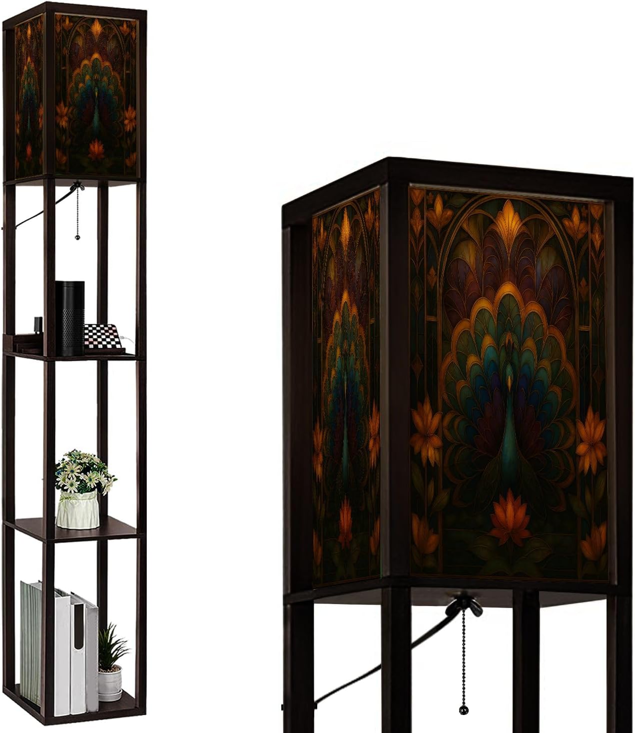 Floor Lamp with Shelves Asymmetrical Peacock Stained Glass Art Geometric Feather Design Standing Tall Lamp USB Ports & Power Outlet Modern Corner Lamp Nightstand Light for Living Room Bedroom