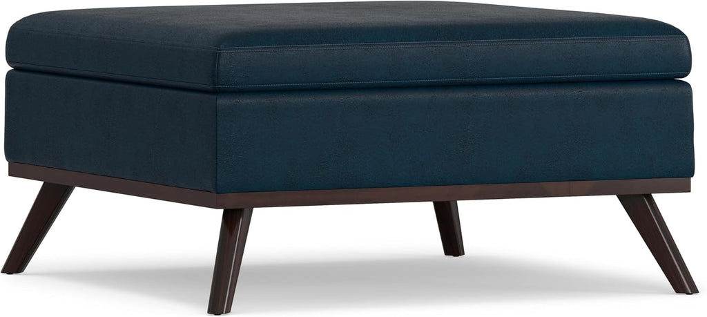 SIMPLIHOME Owen Square Coffee Table Storage Ottoman - 36 inch Wide Upholstered Vegan Leather Lift-Top Ottoman in Distressed Dark Blue, Mid-Century Modern Ottoman for Living Room with Tufted Detail