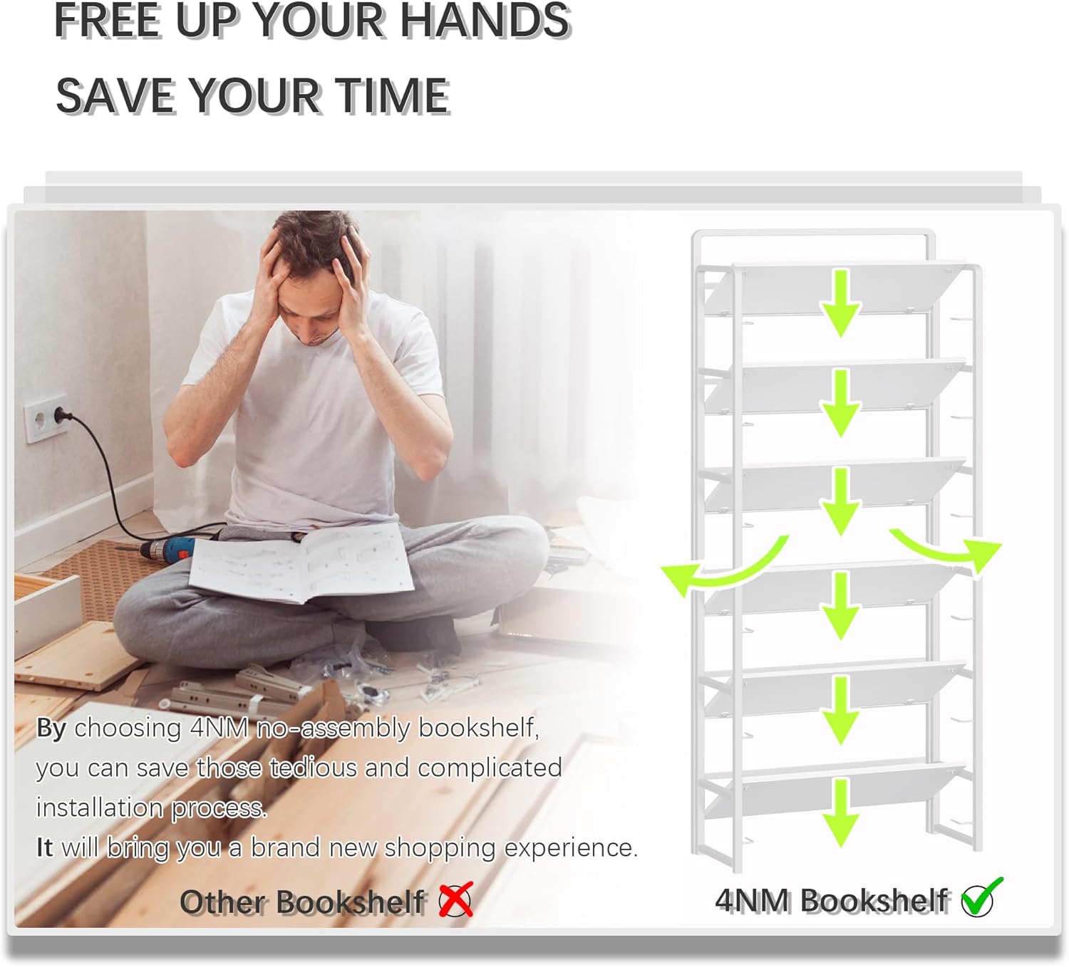 4NM No Assembly 6 Tiers Folding Bookshelf Storage Shelves Vintage Bookcase Standing Racks Study Organizer Home Office (All White)