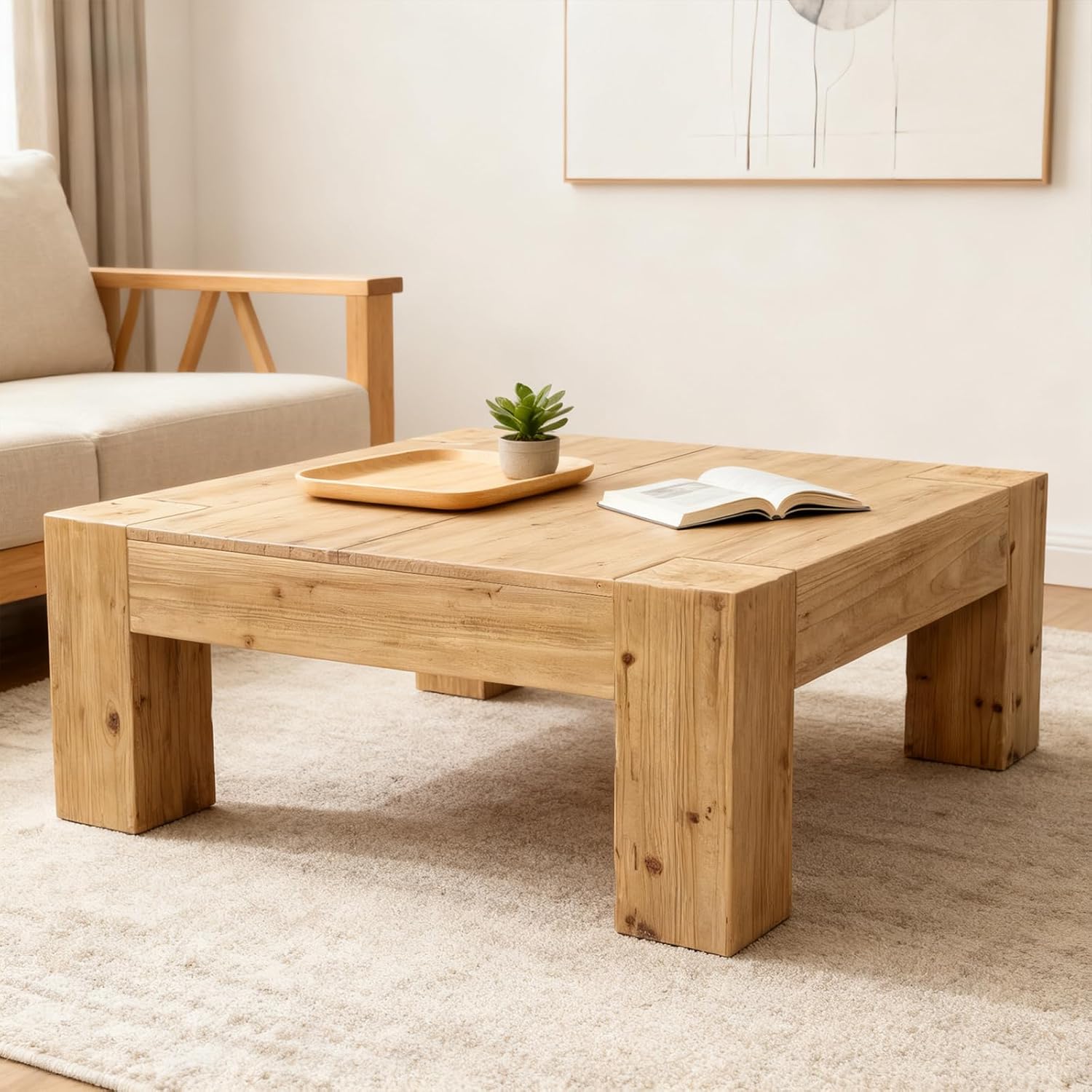 Rustic Wooden Coffee Table for Living Room, Big Square Coffee Table Mid Century Modern Center Table, Large Farmhouse Solid Wood Tea Table for Office Apartment (39.37''L × 39.37''W × 15.75''H)