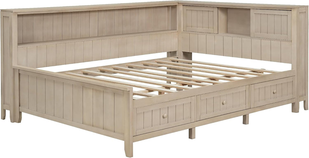 Wood Full Size Corner Bed Frame with Storage Shelves & 3 Drawers, Corner Bed Frame Full with 2 Sliding Doors, Farmhouse Corner Daybed for Living Room Bedroom, Antique White Milk