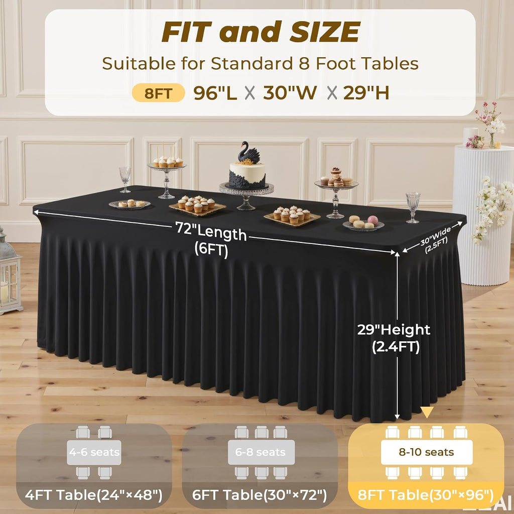 6 Pack Black Spandex Fitted Tablecloth 8 Foot - Stretch Table Clothes for 8 FT Rectangle Table, Washable Ruffles Elastic for Weddings, Buffet, Banquet, Trade Craft Show, Party Celebration