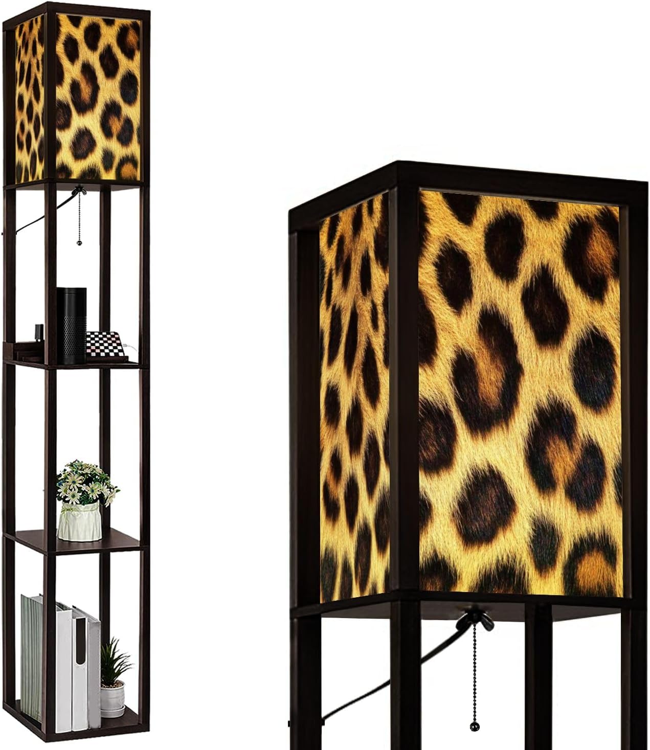 Floor Lamp with Shelves Leopard Cheetah Animal Print Seamless Tile Standing Tall Lamp USB Ports & Power Outlet Modern Corner Lamp Nightstand Light for Living Room Bedroom