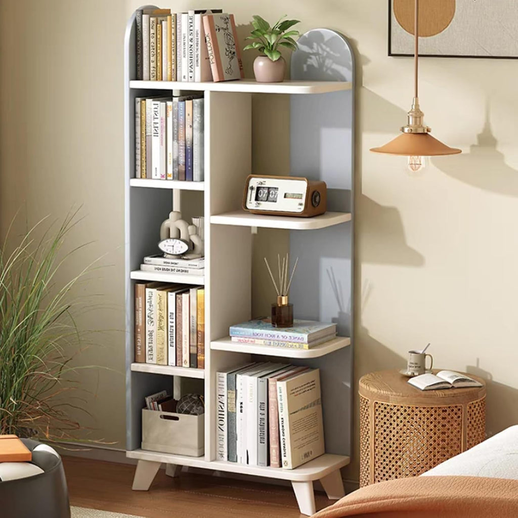 Corner Bookshelf with Solid Wood Legs Grey Corner Shelf Unit Multi-Functional Storage Stand for Living Room Home Office Bedroom Plant Display Space-Saving Design