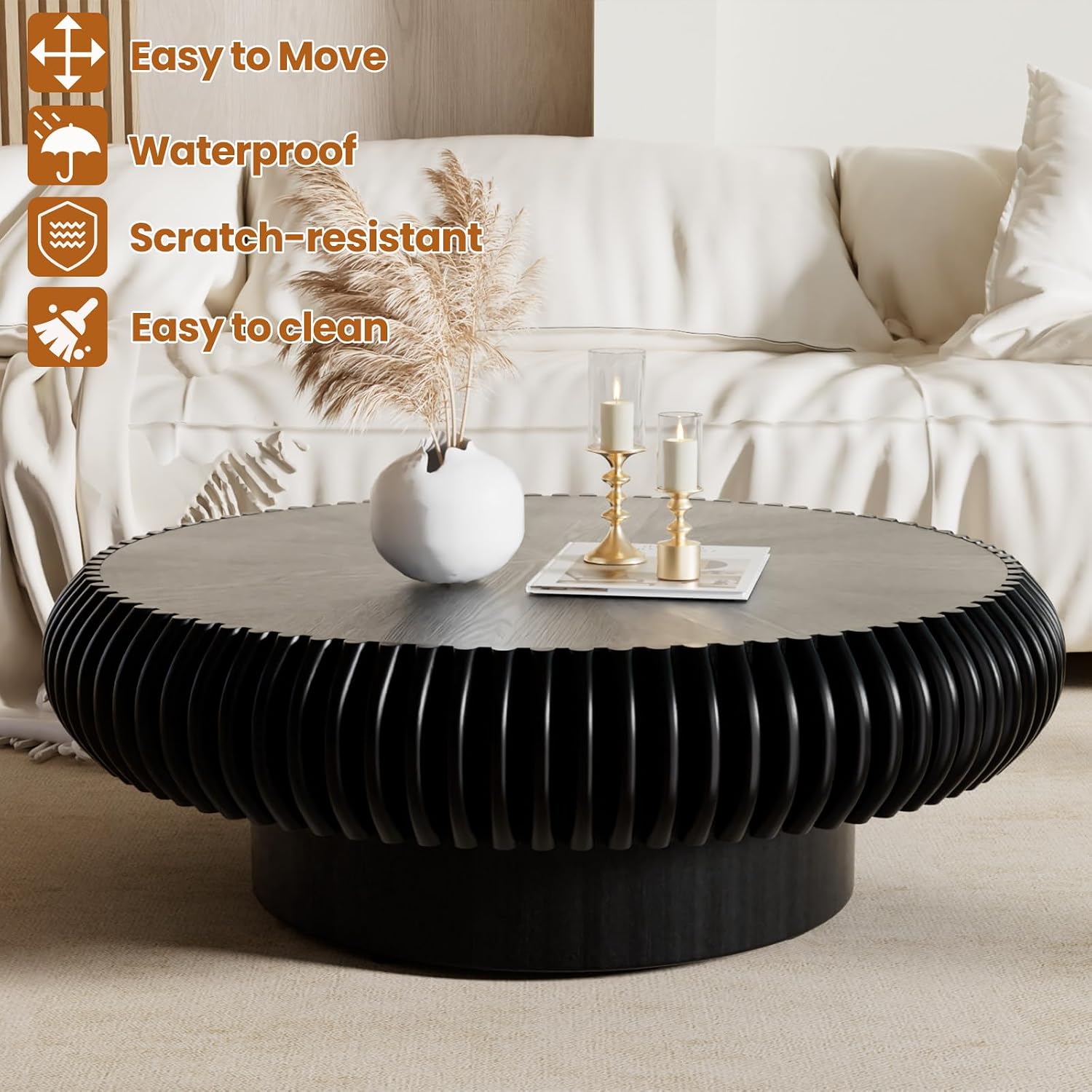 Round Drum Coffee Table with Sturdy Pedestal, Modern Wooden Fluted Coffee Table, Circle Center Table Accent Tea Table for Living Room Apartment Office Reception Room (Black D39.4)