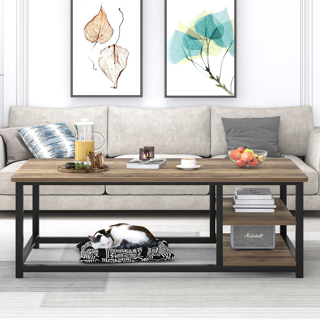 EXCEFUR Coffee Table with Storage Shelf, Modern Wood and Metal Center Table for Living Room, Rustic Oak, 47 Inch