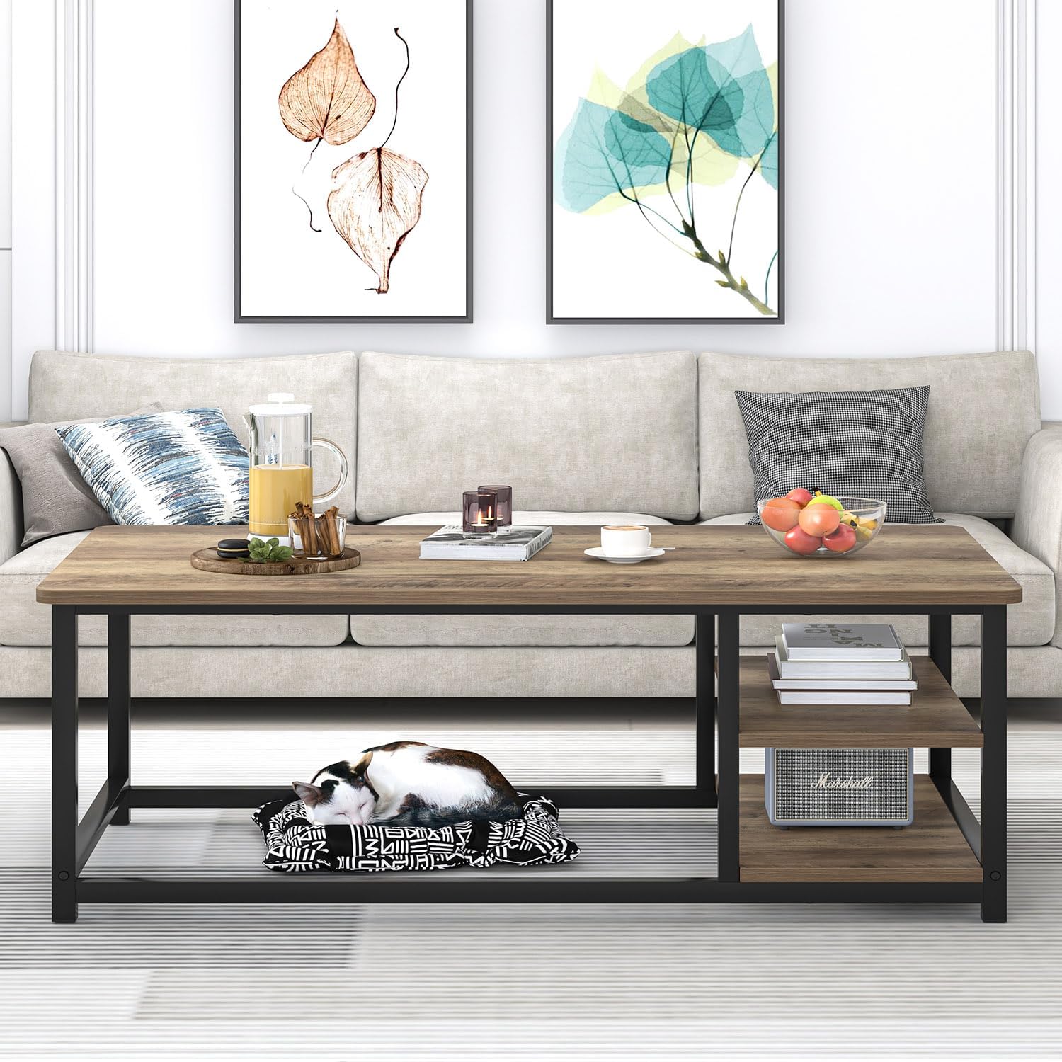 EXCEFUR Coffee Table with Storage Shelf, Modern Wood and Metal Center Table for Living Room, Rustic Oak, 47 Inch