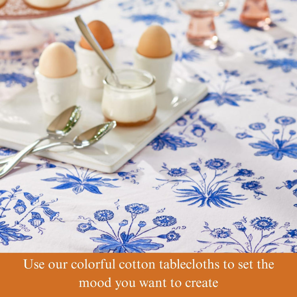 Saffron Marigold Round Hand Block Printed Tablecloth - Blue English Gardens Luxurious 100% Cotton, Washable, for Home Decor, Kitchen, Coffee Or Dining Table 70 Inch