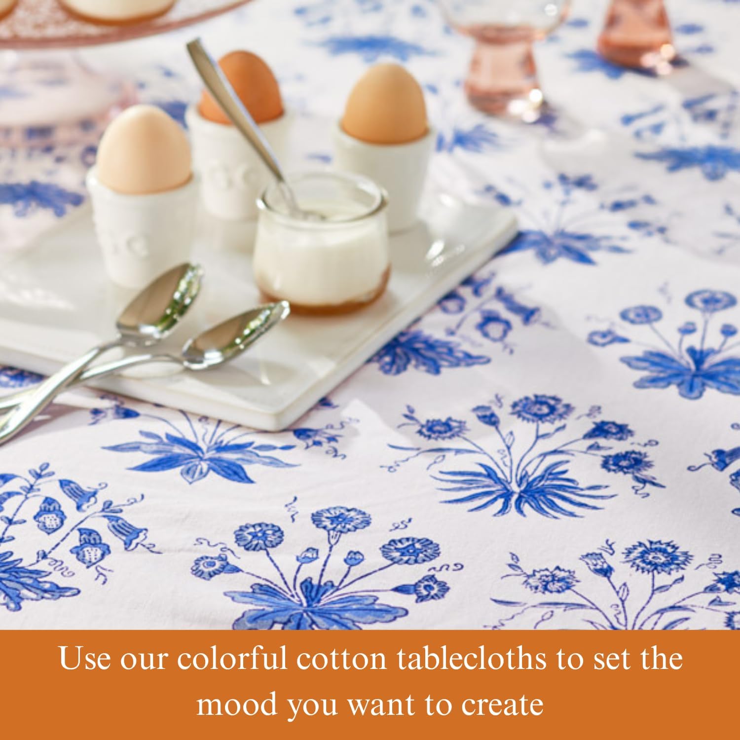 Saffron Marigold Round Hand Block Printed Tablecloth - Blue English Gardens Luxurious 100% Cotton, Washable, for Home Decor, Kitchen, Coffee Or Dining Table 70 Inch