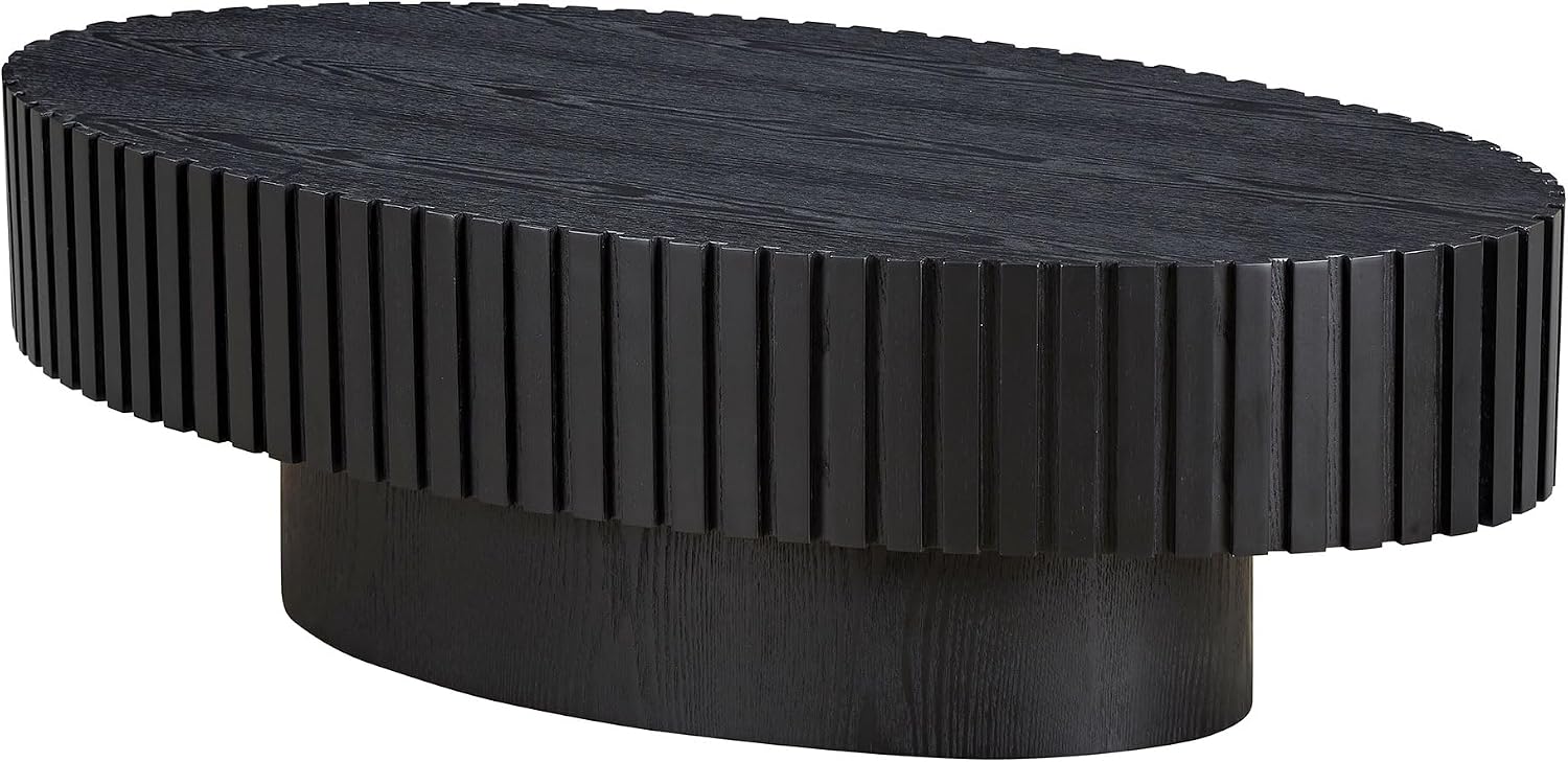 Black Oval Coffee Table - Modern Wood Coffee Table for Living Room, Contemporary Circle Fluted Drum Design, Easy Assembly, 43.7'' x 24.8'' x 13.38''