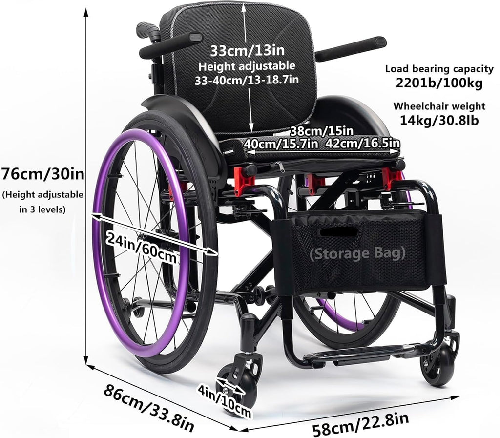 Wheelchair For Adults,Folding Lightweight Sports Wheelchair With Armrests,All-Terrain Aluminum Alloy Wheelchair,Adjustable Seat Height,Handbrakes Quick Release Rear Wheels Anti-Tip Wheels(Purple,42cm/