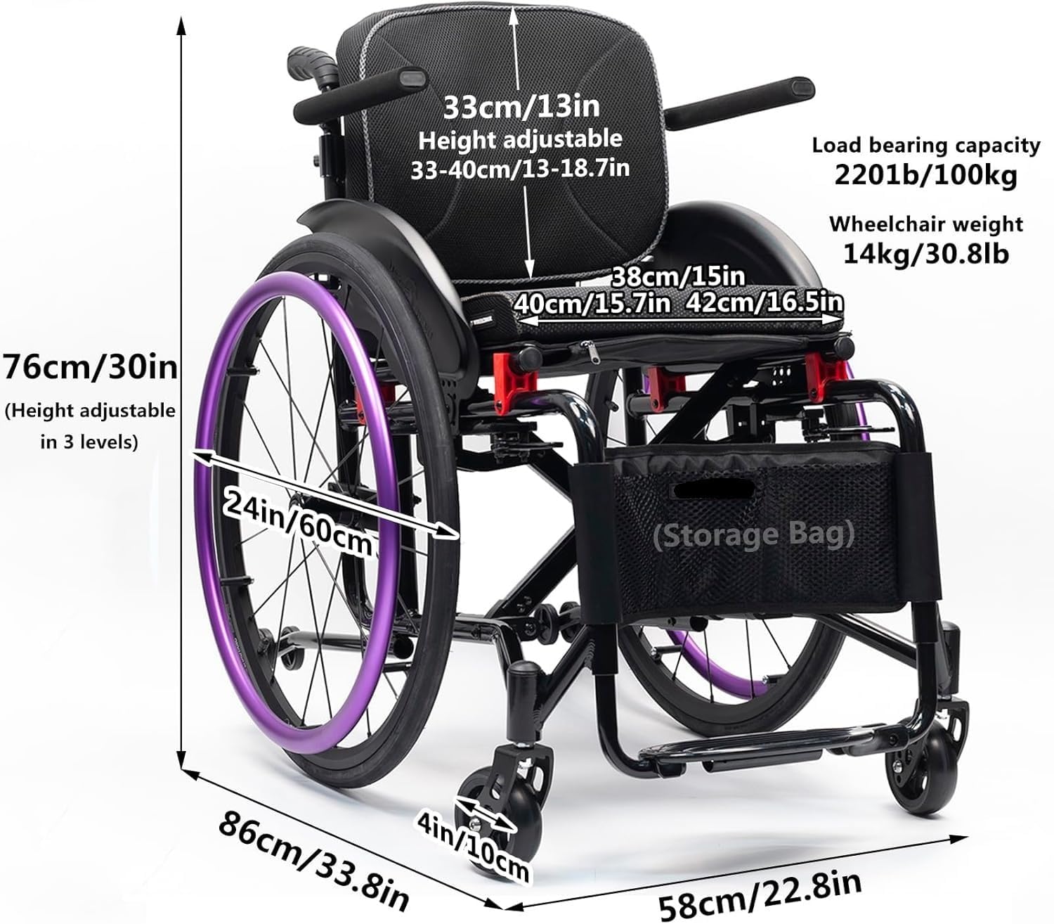 Wheelchair For Adults,Folding Lightweight Sports Wheelchair With Armrests,All-Terrain Aluminum Alloy Wheelchair,Adjustable Seat Height,Handbrakes Quick Release Rear Wheels Anti-Tip Wheels(Purple,42cm/