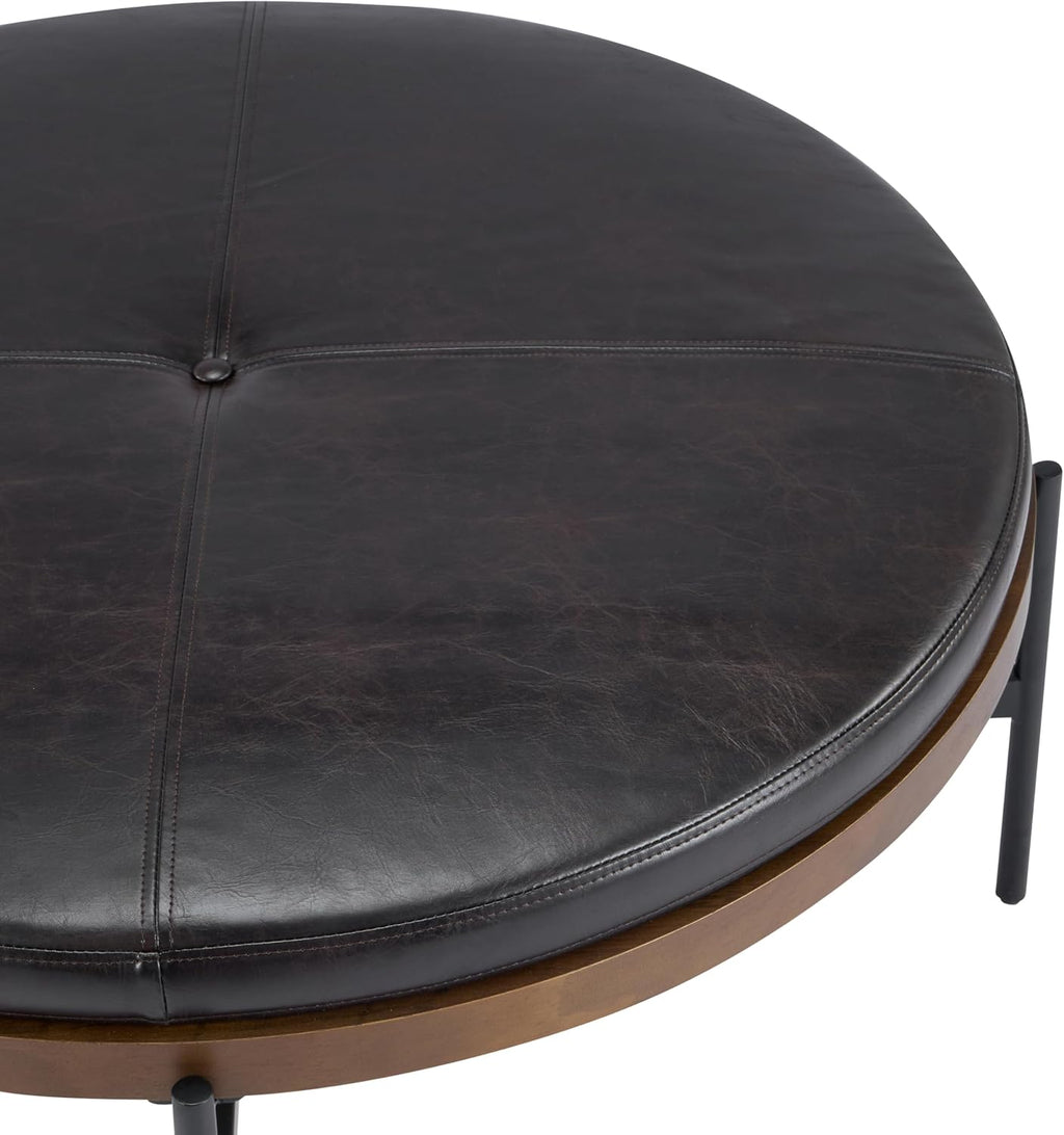Christopher Knight Home Neapo Modern Round Ottoman Coffee Table, Faux Leather Cocktail Ottoman for Living Room Sofa, Entryway Comfortable Footstool, Durable Metal Frame Ottoman Foot Rest, Dark Brown