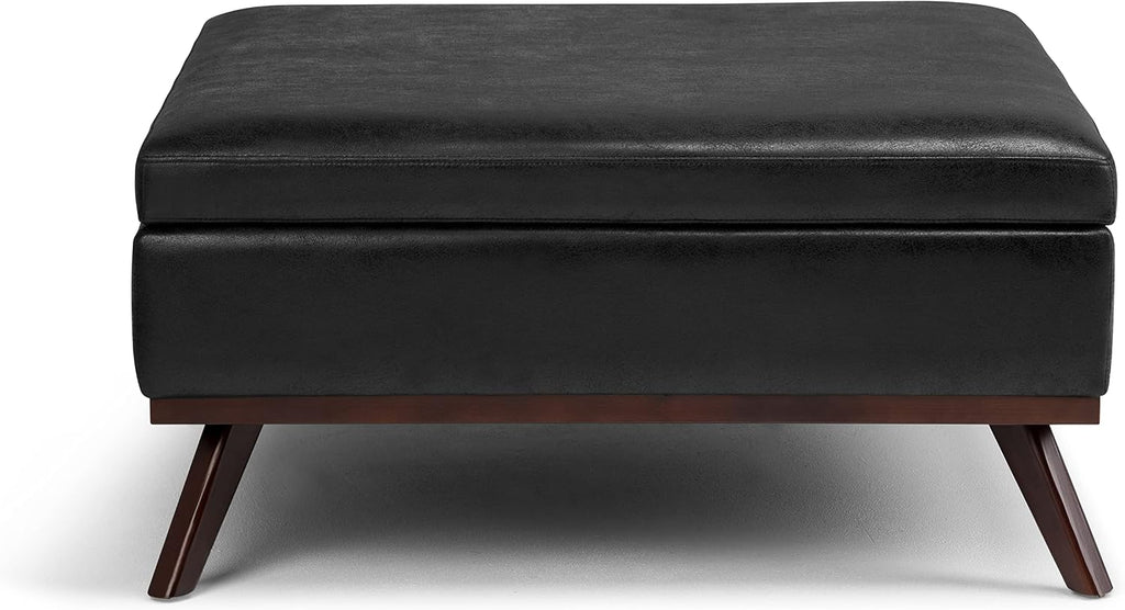 SIMPLIHOME Owen Square Coffee Table Storage Ottoman - 36 inch Wide Upholstered Vegan Leather Lift-Top Ottoman in Distressed Black, Mid-Century Modern Ottoman for Living Room with Tufted Detail