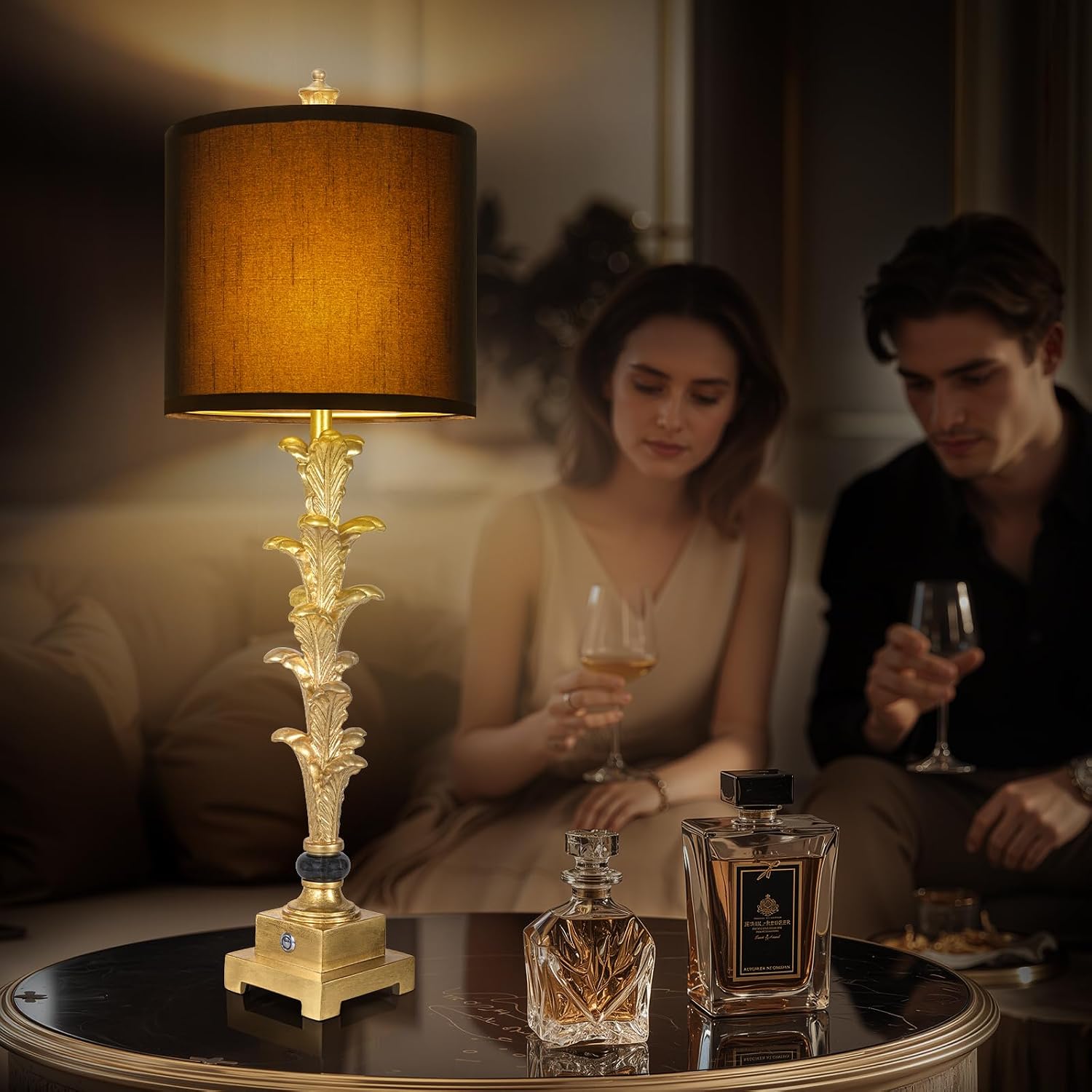 Table Lamps Set of 2 for Living Room, 3-Way Dimmable Touch Buffet Lamps with USB A+C Ports, Gold Leaf Finish Bedside Lamps with Black Linen Shades, Modern Nightstand Lamp for Bedroom Office Entryway