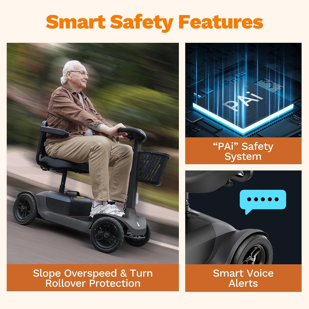 Glashow S1 Mobility Scooter for Adults, 4-Wheel Electric Mobility Scooter – 25-Mile Range, 6 mph, Smart Safety Features, Spacious Legroom, Swivel Seat, Headlight & Basket, Charger Included – Dark Gray