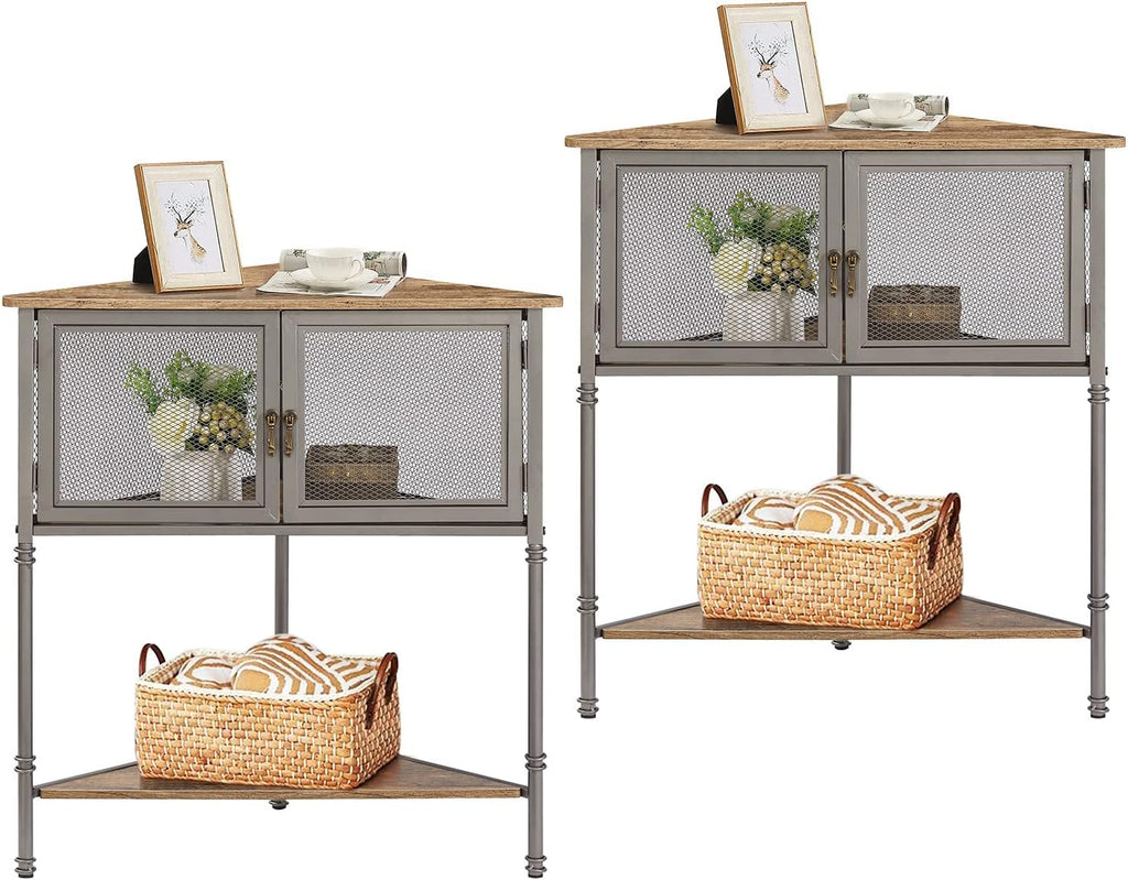 VECELO 3-Tier Corner Shelf with Storage Cabinet, 29' Tall Multiple Purpose Free Standing Shelves Organizer for Small Spaces, Living Room, Bedroom, Kitchen, Balcony, Set of 2, Grey
